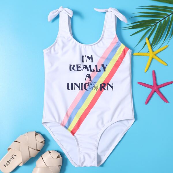 

Girls Slogan Graphic One Piece Swimsuit, White