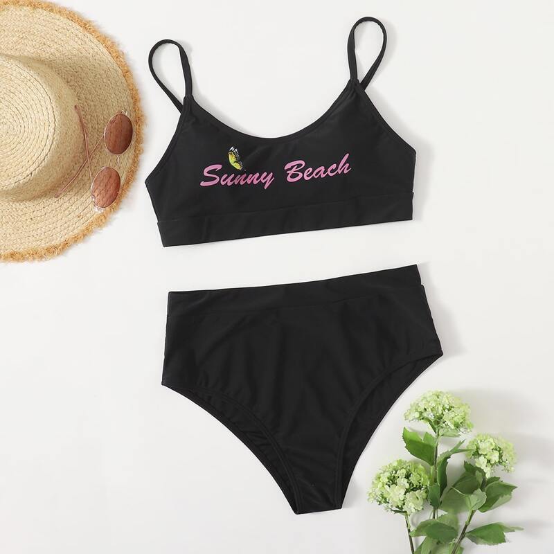 

Letter Graphic High Waisted Bikini Swimsuit, Black