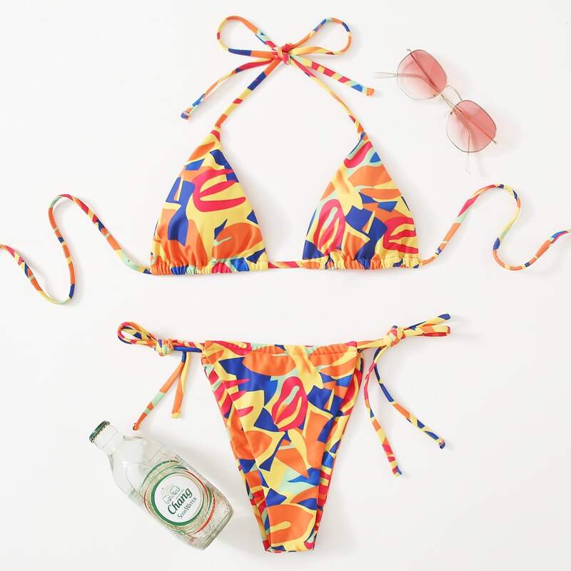 

Allover Graphic Tie Side Bikini Swimsuit, Multicolor
