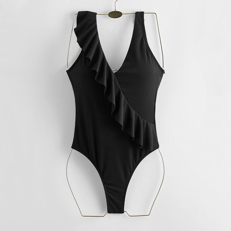 

Rib Ruffle One Piece Swimsuit, Black