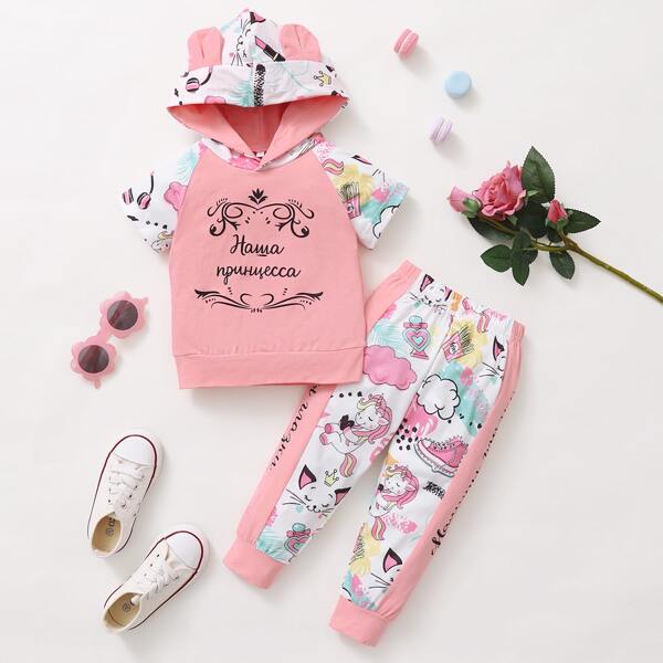 

Baby Girl Cartoon Graphic Hooded Tee & Sweatpants, Multicolor