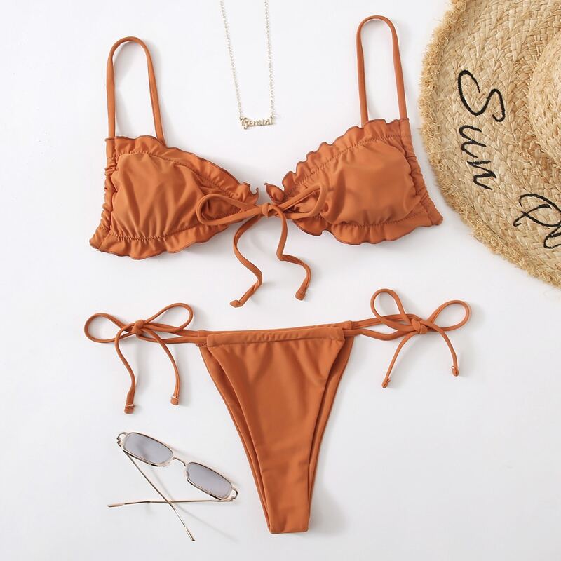 

Lettuce Trim Tie Side Bikini Swimsuit, Brown