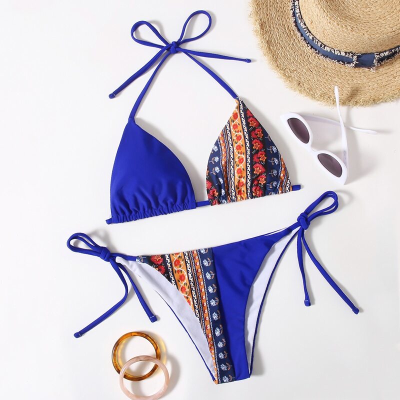 

Contrast Floral Triangle Bikini Swimsuit, Multicolor