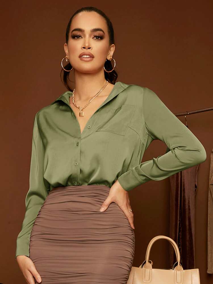 SHEIN Privé Pocket Front Solid Shirt - Olive Green - View 1