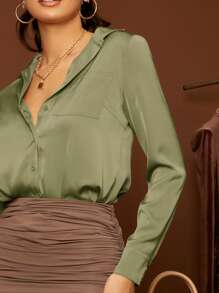 SHEIN Privé Camisa unicolor con bolsillo delantero - Verde Oliva - Ver 4