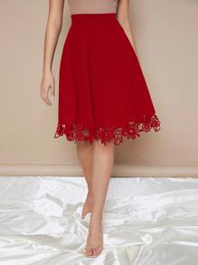 SHEIN Clasi Zipper Side Laser Cut Hem Skirt - Burgundy - View 1