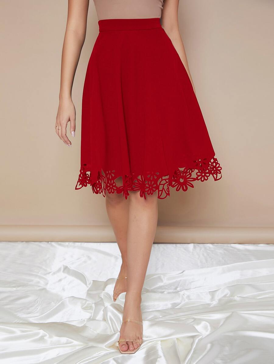 SHEIN Clasi Zipper Side Laser Cut Hem Skirt - Burgundy - View 1