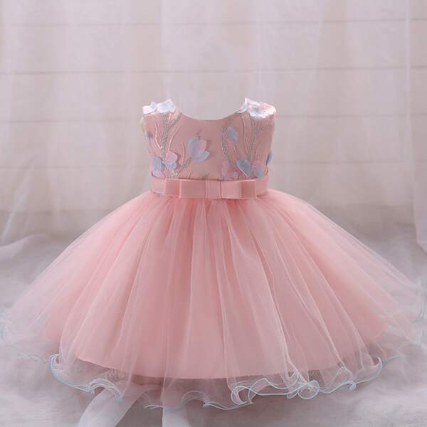

Baby Girl Appliques Bow Detail Contrast Mesh Gown Dress, Baby pink
