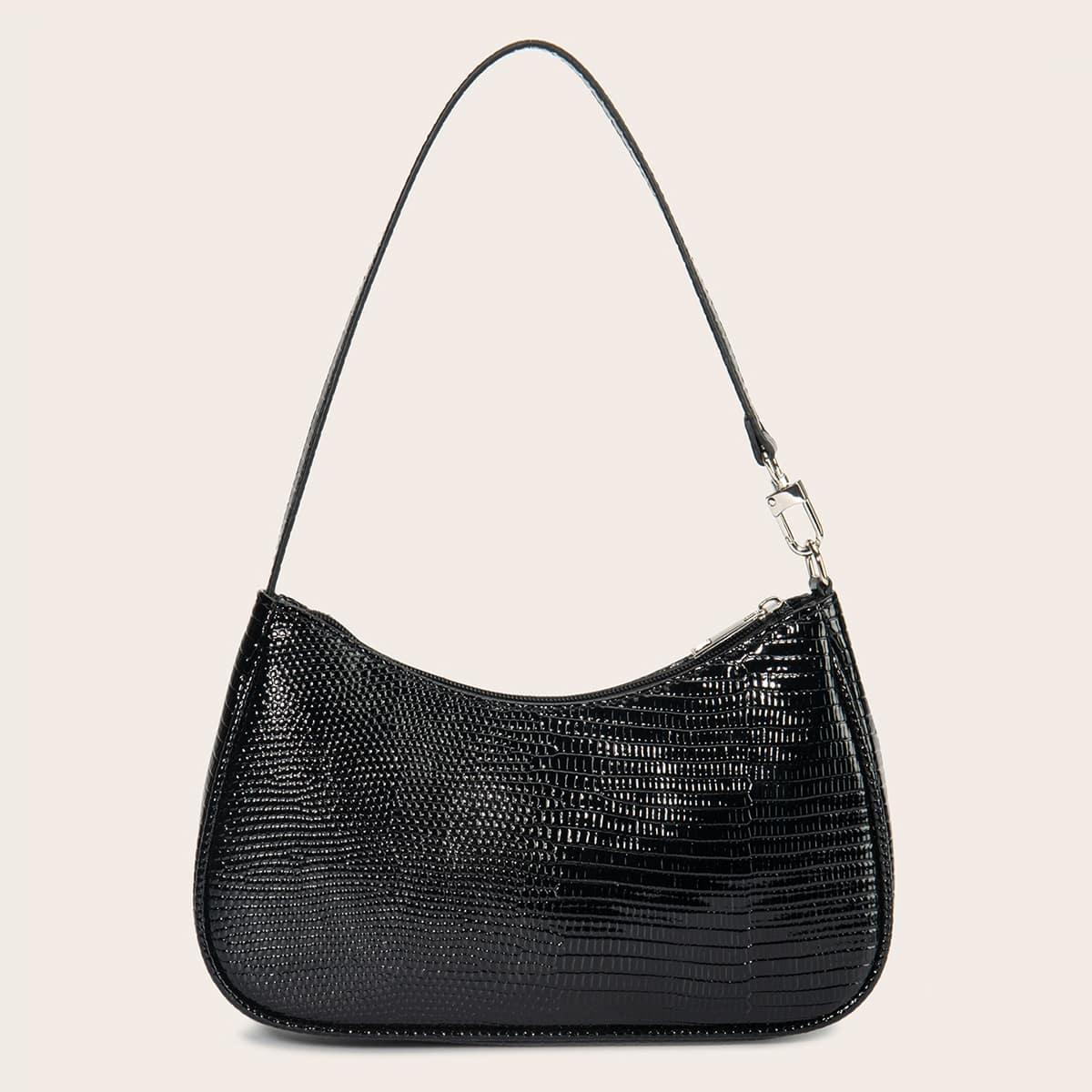 

Lizard Print Baguette Bag, Black
