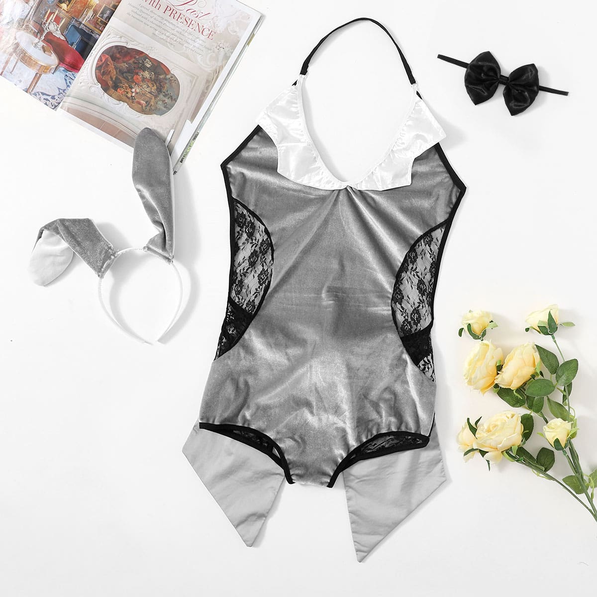 

1set Floral Lace Costume Lingerie Set With Headband, Grey