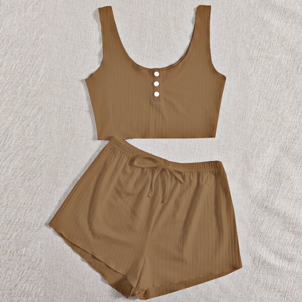 

Rib Knit Crop Tank Top & Shorts Lounge Set, Mocha brown