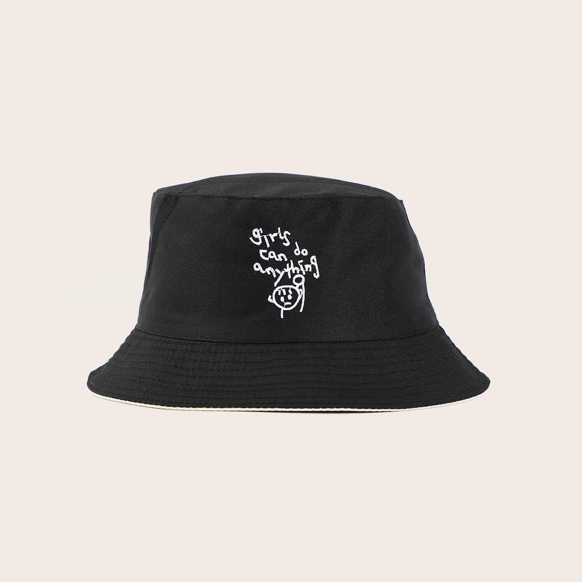 

Figure Embroidery Reversible Bucket Hat, Black