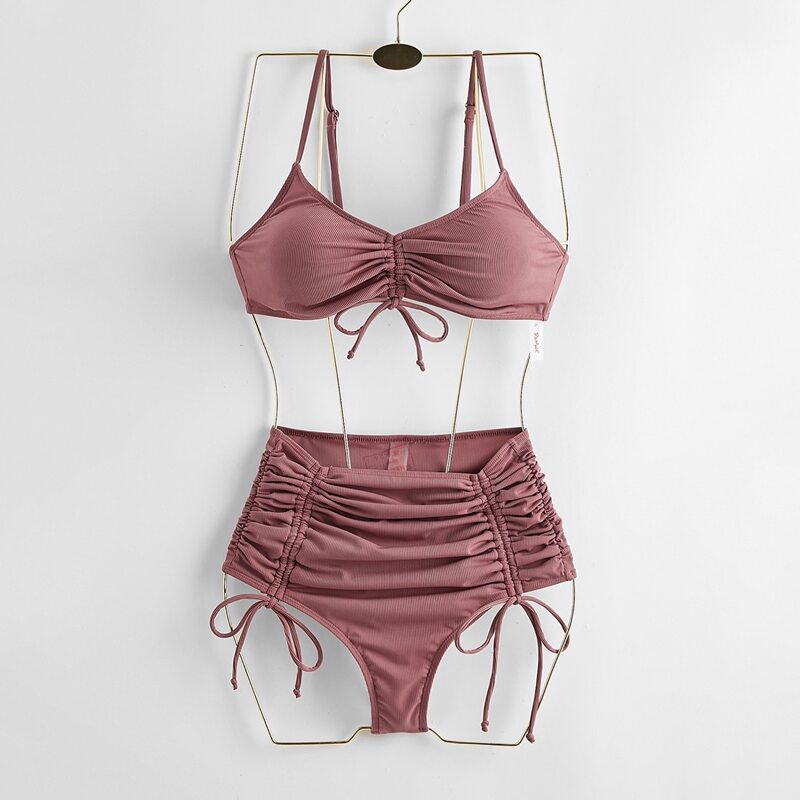 

Drawstring High Waisted Bikini Swimsuit, Redwood