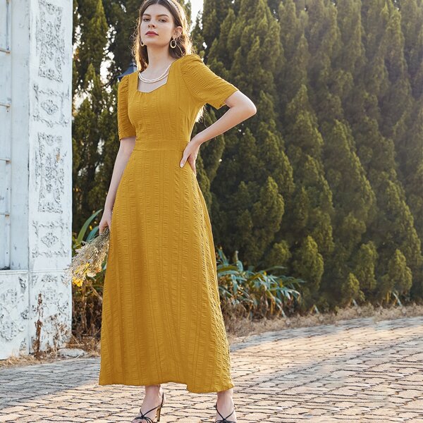 

Sweetheart Neckline Puff Sleeve A-line Dress, Mustard yellow