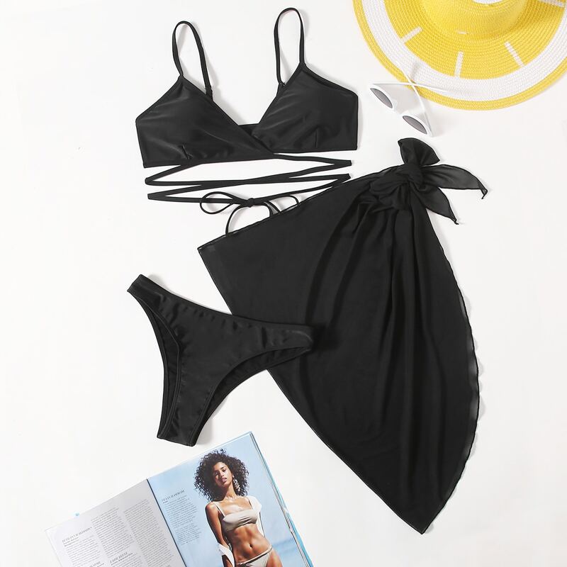 

3pack Triangle Bikini Swimsuit With Beach Skirt, Black