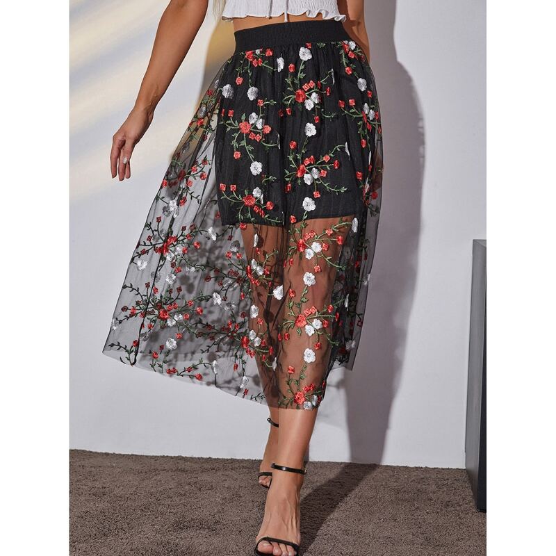

High Waist Embroidered Flower Mesh Skirt, Black