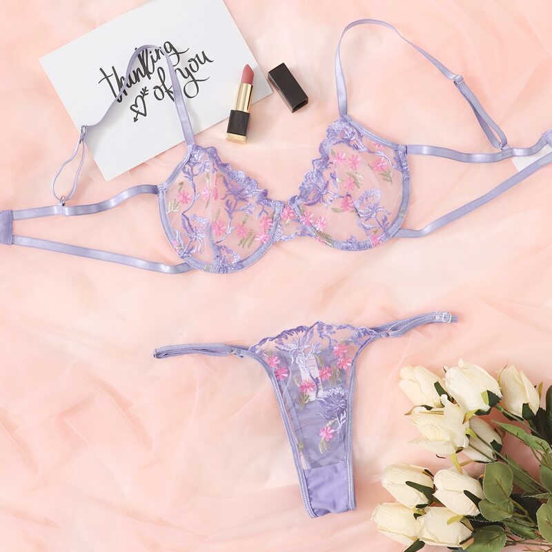 

Floral Embroidered Mesh Underwire Lingerie Set, Lilac purple