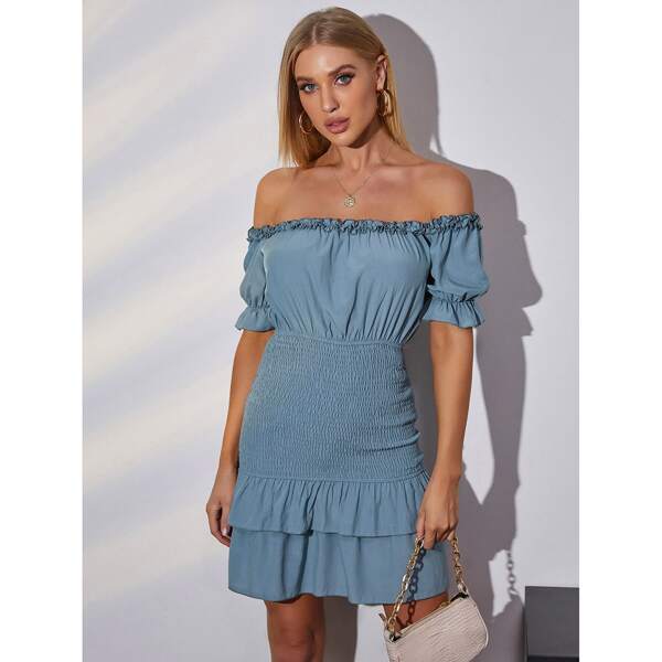 

Layered Hem Shirred Bardot Dress, Dusty blue
