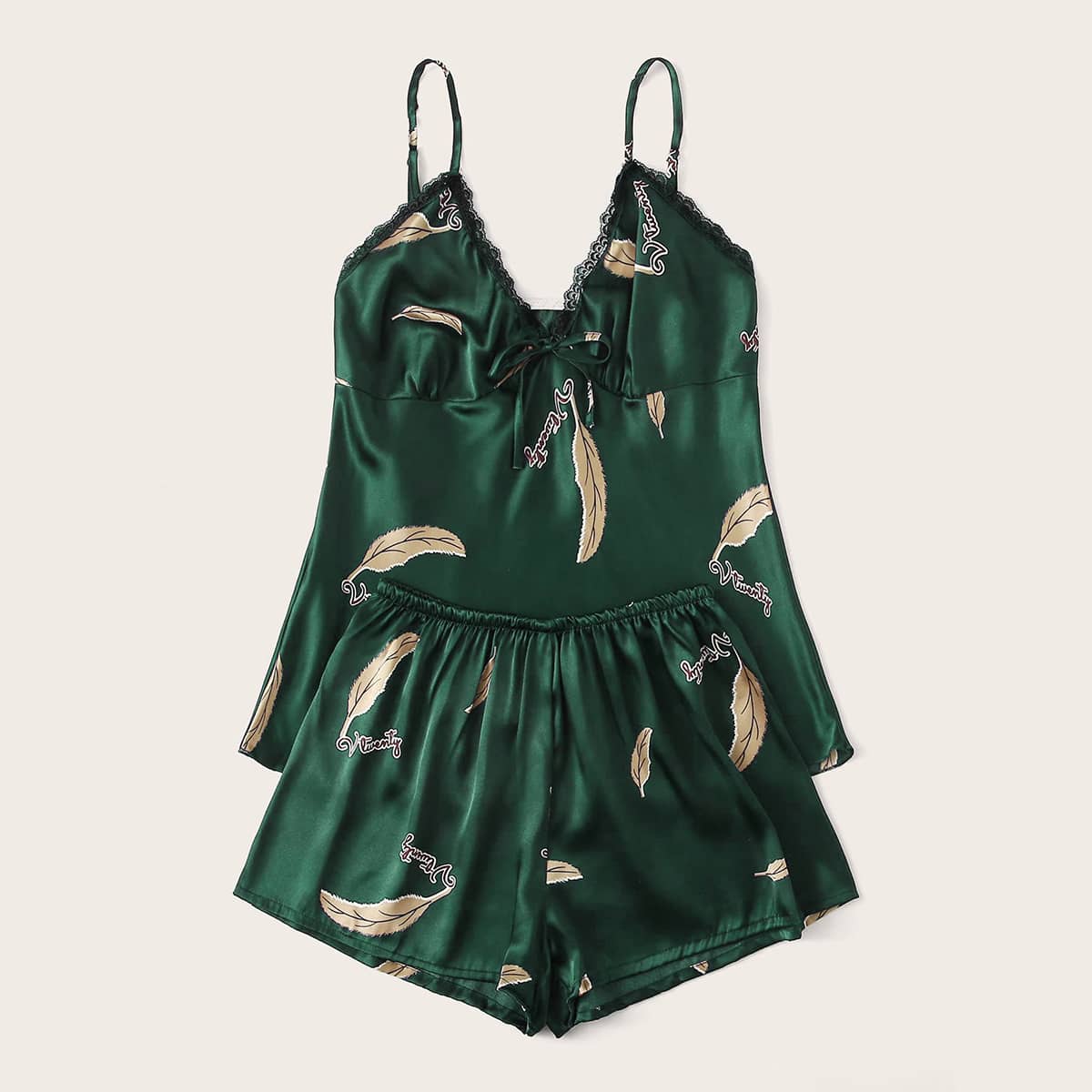 

Feather Print Satin Cami PJ Set, Dark green