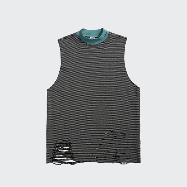 

Men Mock Neck Ripped Striped Tank Top, Grey