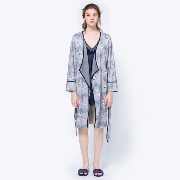 

Fox & Plants Print Open Front Belted Robe, Grey