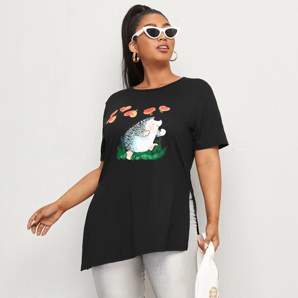

Plus Hedgehog & Heart Print Slit Hem Tee, Black