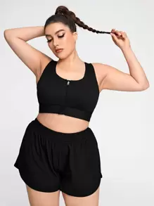 Skära Ut Färgblock Plus Size Sport-BH:ar - Svart - Visa 1
