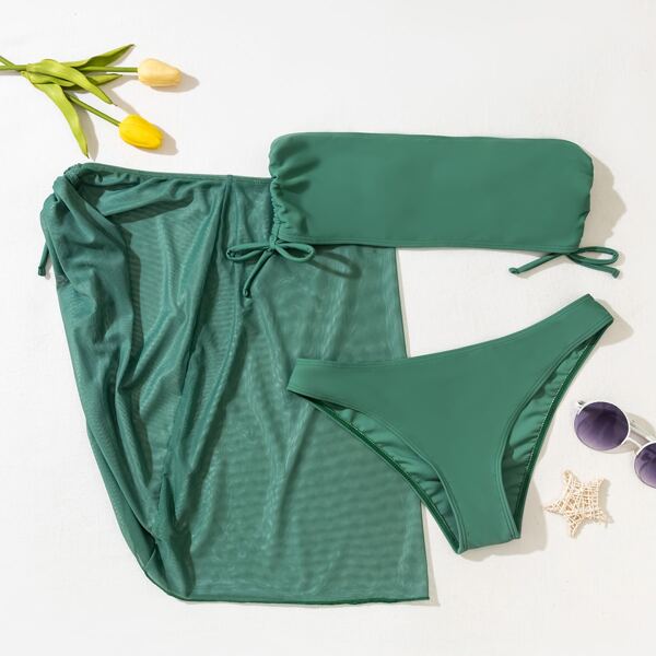 

Bandeau Bikini Swimsuit With Drawstring Cover Up, Green