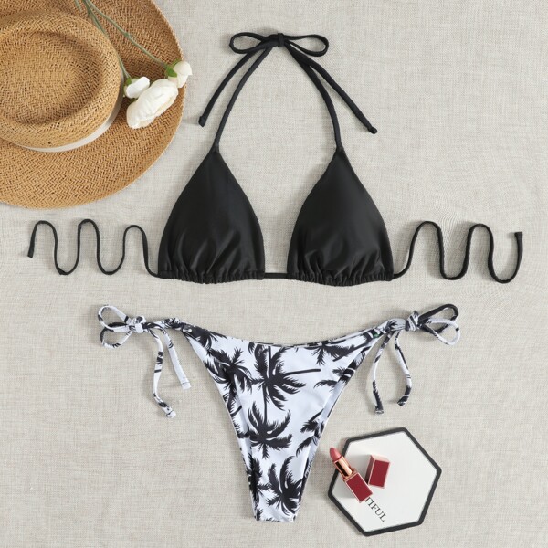 

Tropical Tie Side Bikini Swimsuit, Black and white