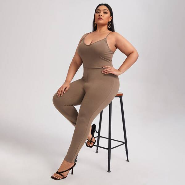 

Plus Solid Unitard Cami Jumpsuit, Khaki
