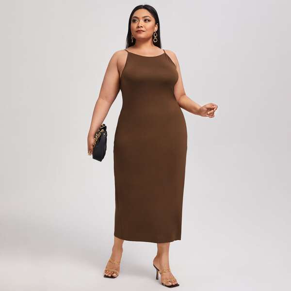 

Plus Solid Bodycon Dress, Chocolate brown