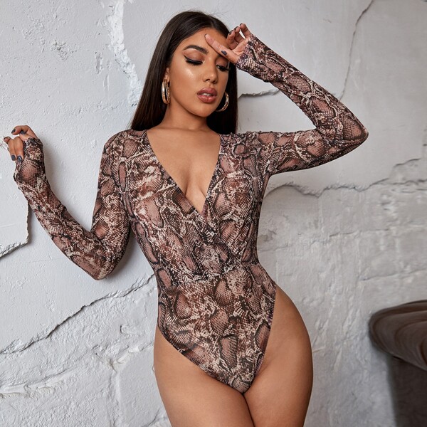 

Snakeskin Print Surplice Front Bodysuit, Multicolor