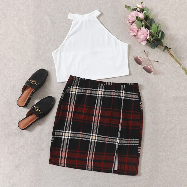 

Plus Crop Halter Top & Plaid Split Hem Skirt Set, Multicolor