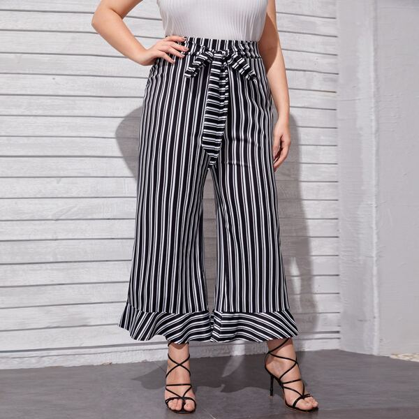 

Plus Ruffle Hem Stripe Belted Pants, Black and white