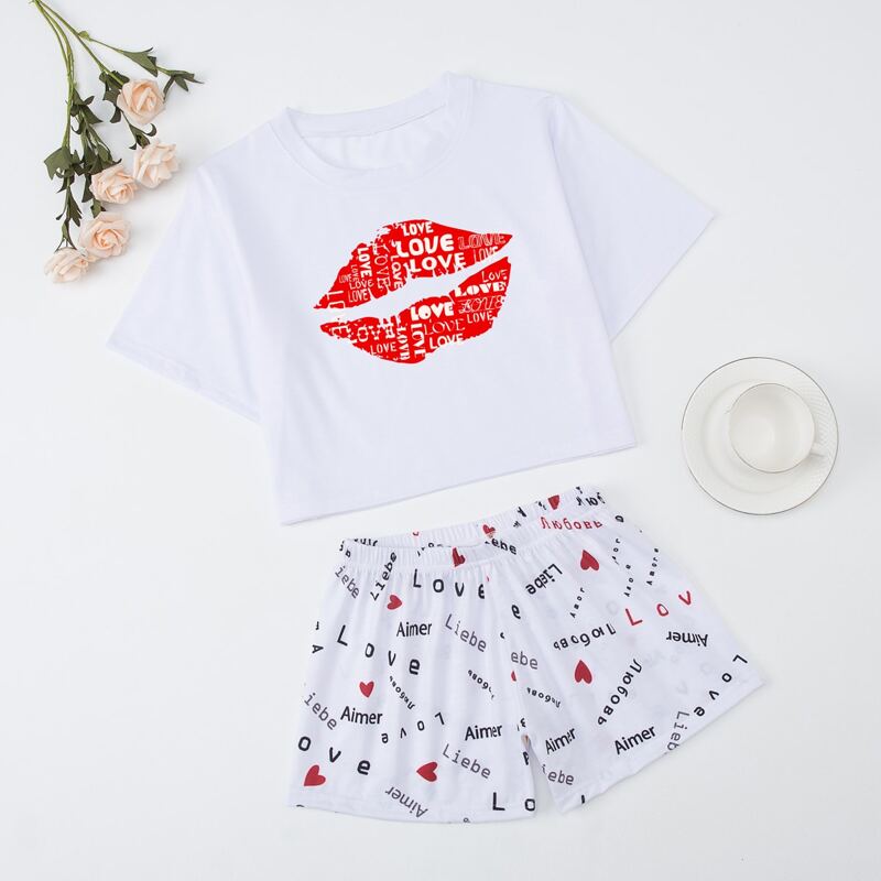 

2pcs Letter & Lip Print PJ Set, White