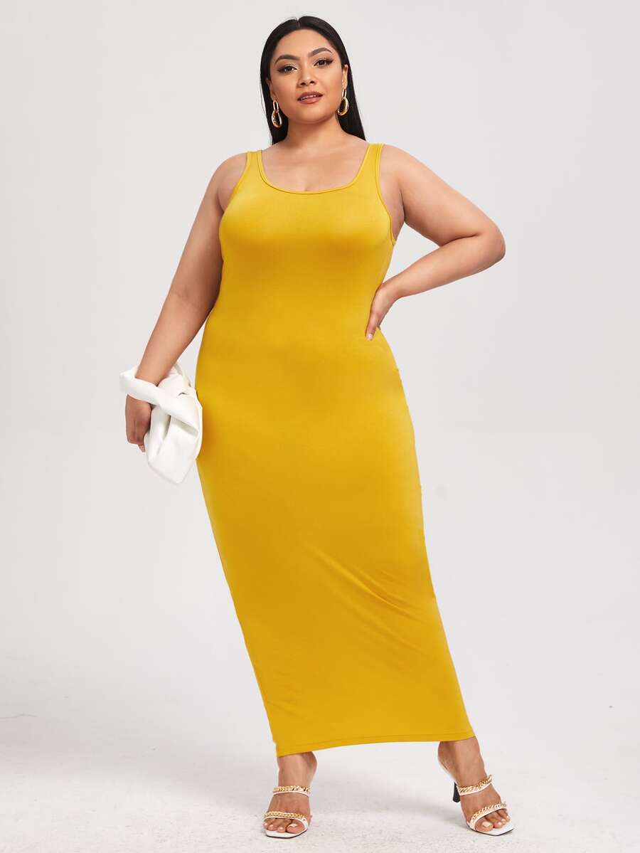SHEIN BASICS Plus Solid Bodycon Dress - Yellow - View 1