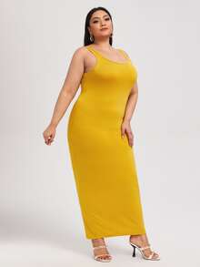 SHEIN BASICS Plus Solid Bodycon Dress - Yellow - View 4