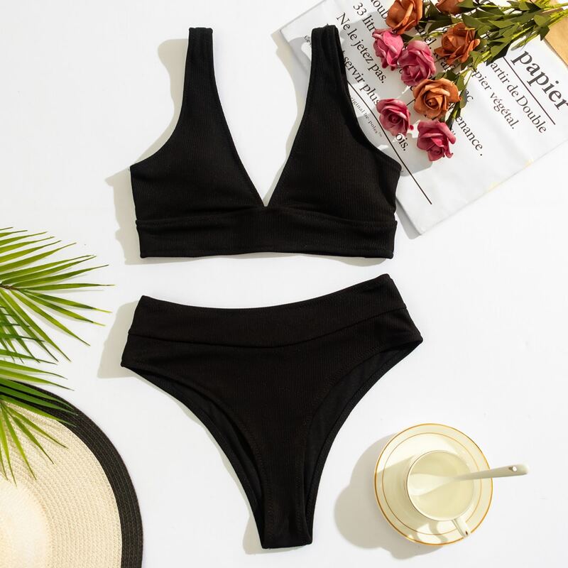 

Rib High Waisted Bikini Swimsuit, Black