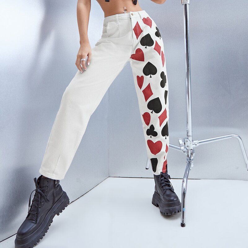 

High Waist Heart & Geo Print Mom Jeans, White