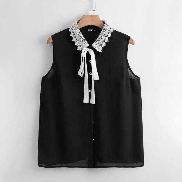 

Plus Contrast Lace Tie Neck Blouse, Black