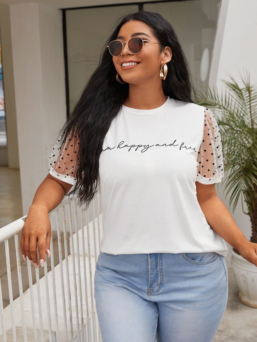 SHEIN Clasi Plus Slogan Graphic Polka Dot Sheer Mesh Tee - White - View 1