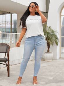 SHEIN Clasi Plus Slogan Graphic Polka Dot Sheer Mesh Tee - White - View 3