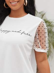 SHEIN Clasi Plus Slogan Graphic Polka Dot Sheer Mesh Tee - White - View 4