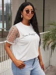 SHEIN Clasi Plus Slogan Graphic Polka Dot Sheer Mesh Tee - White - View 5