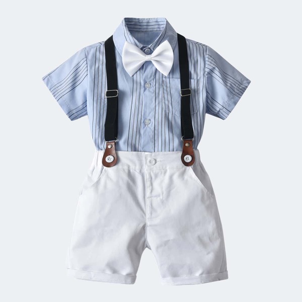 

Toddler Boys Striped Bow Tie Shirt With Shorts Dress Suit, Blue and white
