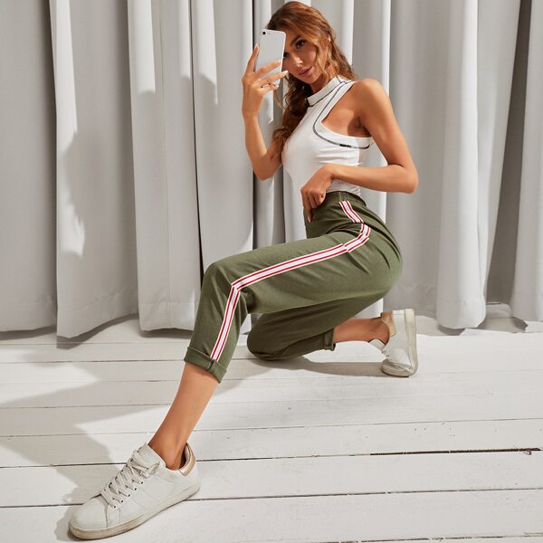 

Striped Side Cropped Pants, Army green