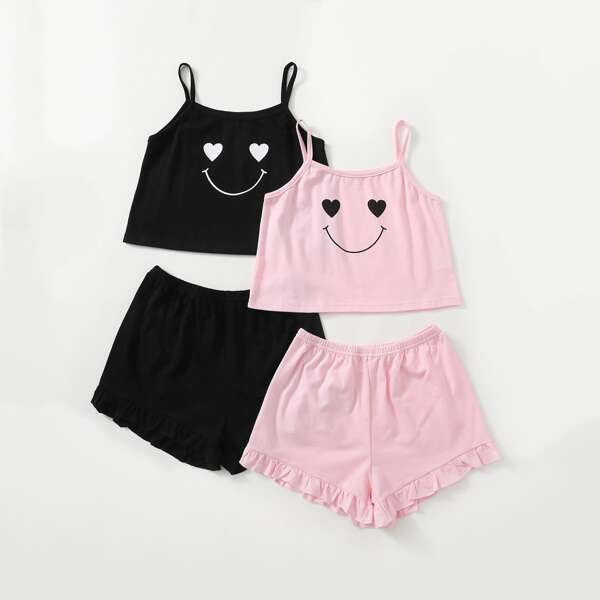 

С оборками Мультяшный принт милый Домашняя одежда для девочек, Многоцветный