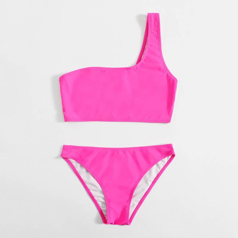One Shoulder Bikini Swimsuit, Hot pink