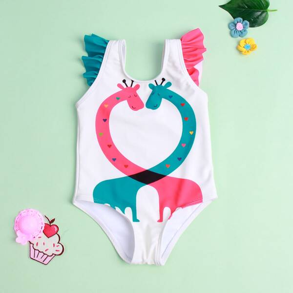 

Baby Cartoon Giraffe Ruffle One Piece Swimsuit, Multicolor
