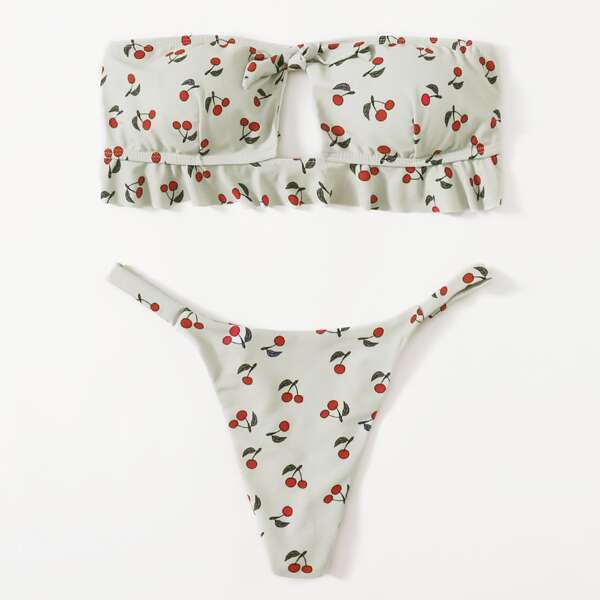 

Cherry Print Bandeau Thong Bikini Swimsuit, Multicolor